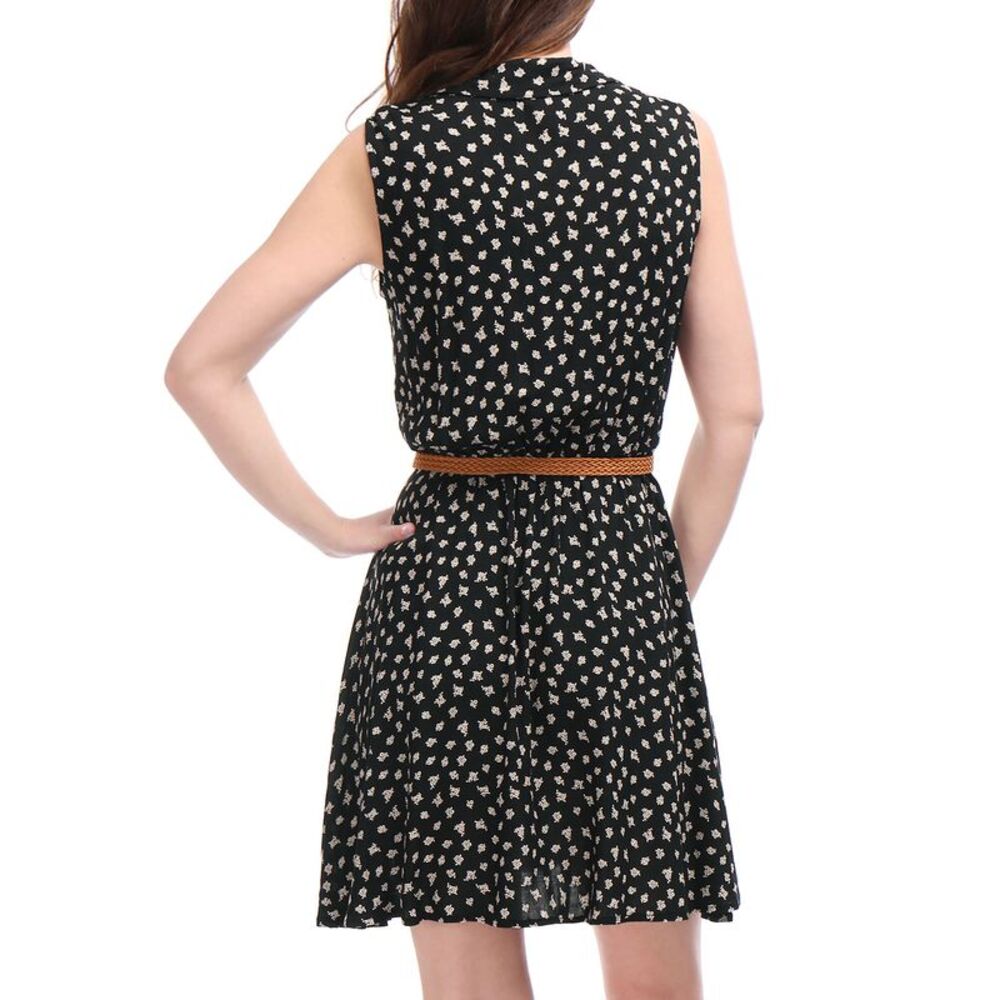 Women's Printed Half Placket Above Knee Sleeveless Belted Dress Black-daisy - Picture 5 of 6